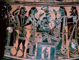 Ânfora de pescoço de figura negra representando o nascimento de Atena, Ática, Grécia.