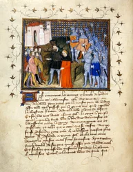(Fólio inteiro) O rei Ricardo II, levado cativo por Henrique Bolingbroke para Londres, renuncia ao trono; rebordo decorado com texto por baixo.