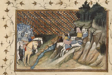 Harley 1319, f.9 Art Mór riding to meet the earl of Gloucester, from 