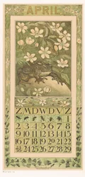 Folha de calendário de abril com sapo Calendário 1911 12 litografias de Th. v. Hoytema (título da série) Caminho sob as flores