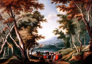 Paisagem arborizada com vendedores de frutas e outras figuras