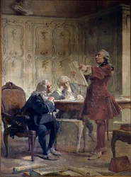 O naturalista e pretendente do Jardin du roi Georges-Louis Leclerc, Conde de Buffon (1707-1788) lê as primeiras folhas de sua história natural em frente ao botânico Bernard de Jussieu (1699-1777) e ao naturalista Edme-Louis Daubenton (1732-17