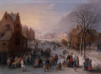 Uma Wintertownscape com numerosas figuras