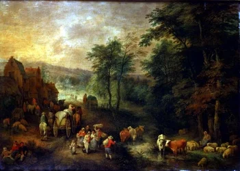 Paisagem arborizada com camponeses e vagões