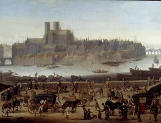 Le quai et le pont de la Tournelle à Paris Detail. Vista das docas e da ilha de La Cite. Pintura atribuída a Theodor Matham (1606-1676) 1646 Paris, musee Carnavalet