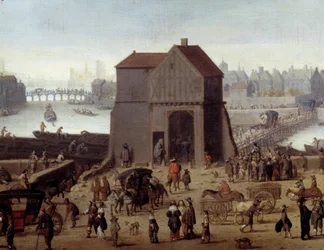 O cais e a ponte do Tournelle Detail. Carrosséis e transeuntes nas docas. Pintura atribuída a Theodor Matham (1606-1676) 1646 Paris, musee Carnavalet