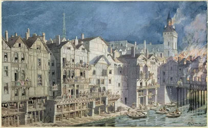 Incêndio no Pont aux Meuniers em 1621 (caneta e tinta no papel)