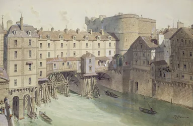 Vista de Petit Chatelet e o Petit Pont em 1717, ilustração de &39;Paris através dos tempos&39; gravada por Philippe Benoist (1813-c. 1905) 1885