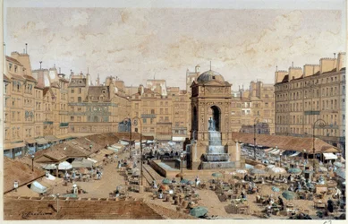 Vista da Marche e da Fonte dos Inocentes em Paris no século XIX. Aguarela de Theodore Joseph Hubert Hoffbauer (1839-1922) Século XIX Paris, Musee Carnavalet