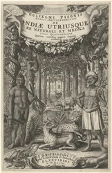 Dois homens e animais selvagens na frente de uma floresta Página de rosto para: Indiae Utriusque, 1658
