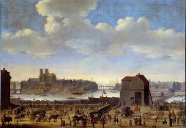 Vista do Quai e do Pont de la Tournelle, Ile de la Cite e Ile Saint Louis em Paris por volta de 1646 Pintura de Theodor Dirck Matham (1606-1676) 1646 Dim. 1,0 x 1,41 m Paris, Musee Carnavalet