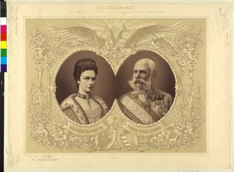 Imperador da Áustria com a família Papel comemorativo da cerimónia de casamento dos 40 anos de idade de Sua Majestade 24. abril de 1854 1894
