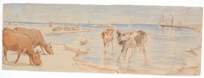 Vacas e bezerros perto do ponto de embarque em Saltholm (rascunho para decoração da tigela de ponche)