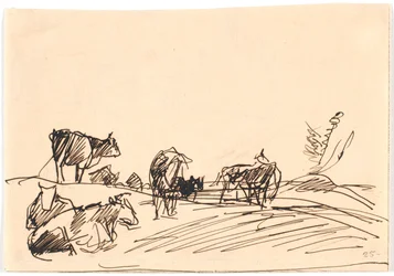 Paisagem com vacas deitadas e em pé