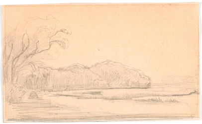 Paisagem à beira de um lago cercado de floresta