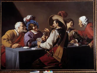 Jogadores de cartas, a Brelan Painting de Theodore Rombouts (1597-1637) 17th Century Sun. 1,52x2,06 m Antuérpia. Museu Koninklik - Os jogadores de cartas, o "brelan". Pintura de Theodore Rombouts (1597-1637)