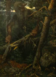 Troll velho quebrando árvores na floresta