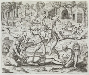 Canibais em Darien, Panamá, capturando espanhóis, de "Newe Welt und Americanische Historien" de Johann Ludwig Gottfried, publicado por Mattaeus Merian, Frankfurt