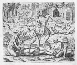 Massacre de missionários cristãos perto de Cumana, Venezuela, de "Newe Welt und Americanische Historien" de Johann Ludwig Gottfried, publicado por Mattaeus Merian, Frankfurt