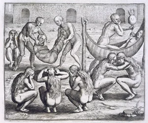 O chefe Tupinamba e a sua família adoecem enquanto Hans Staden é mantido em cativeiro, de "Newe Welt und Americanische Historien" de Johann Ludwig Gottfried, publicado por Mattaeus Merian, Frankfurt
