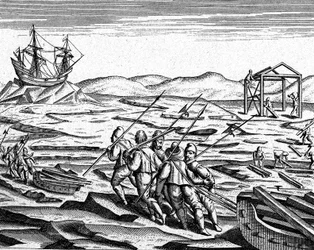 Construção de uma casa para o inverno no Pólo Norte, c.1600 (gravura)