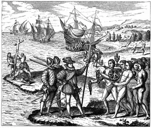 Cristóvão Colombo (1451-1506) Explorador genovês, descobrindo a América - 12 de Maio de 1492. Da gravura de Theodore de Bry 1590.