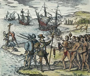 Aterragem de Colombo nas Índias. 1594 (xilogravura)