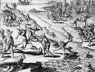 Expedição de Thomas Cavendish a partir de "Americae" de Theodor de Bry, c.1593 (gravura)