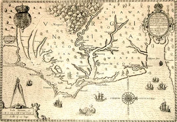 Mapa de 1590 gravado por Theodore de Bry após aguarela pelo colonizador inglês John White, governador de Roanoke. Virgínia e costa com pequenas ilhas e Roanoke na foz do rio. Terra nativa Secotan e Weapemeoc.