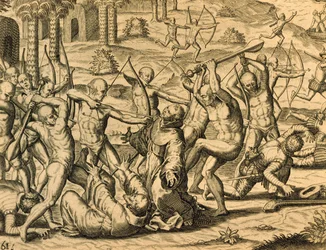 Martírio dos monges missionários na América do Sul, gravura de Historia americae, de Theodor de Bry (1528-1598), Frankfurt