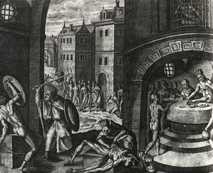 Sacerdote mata vítima de luta falsa e depois esfola corpo, México, gravura de Peregrinationes, de Theodor de Bry (1528-1598), América Central