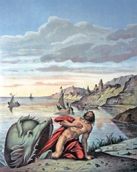 Jonas sai da barriga da baleia, meados do século XIX (ilustração)