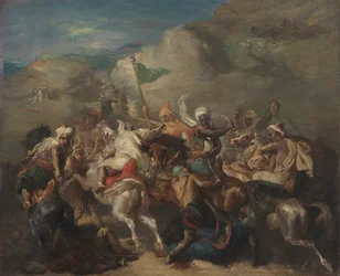 Batalha de cavaleiros árabes em torno de um estandarte