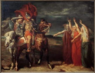 Macbeth e a Ilustração das Três Bruxas da Cena 3 do Acto I da peça "MacBeth", de William Shakespeare. Pintura de Theodore Chasseriau (1819-1856) 1855 Sun. 0,72x0,9 m Paris, musee d