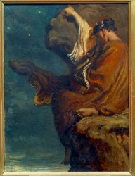 Sapho A poetisa grega Sapho (Sappho) (cerca de 600 a.C.) sentada sobre uma rocha e olhando para o mar com melancolia. Pintura de Theodore Chasseriau (1819-1856) 1849 Sol. 0,27x0,21 m Paris, musee d