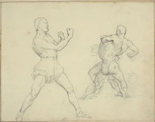 Pugilista virado para a direita e dois homens a lutar