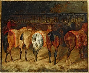 Cinq chevaux vus par la croupe, dans une ecurie - Cinco cavalos vistos por trás num estábulo (óleo sobre tela)