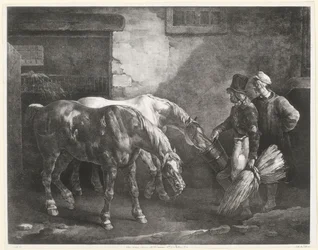 Dois cavalos de correio à porta de um estábulo (Two Post-Horses at a Stable Door)