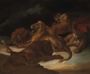 Leões em uma paisagem montanhosa, ca. 1818-20.