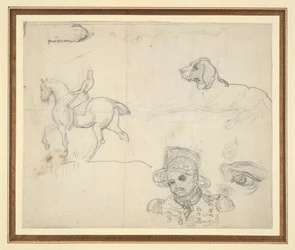 Página de esboços (cavalo, cão, cabeça de soldado)
