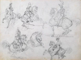 Cavaleiros em cavalos empinados