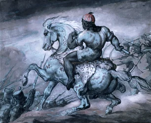 Cena da Guerra Colonial: uma pessoa negra num cavalo empinado