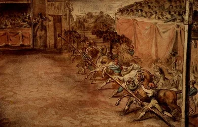 A corrida no Corso (lápis, caneta, tinta e aguarela)