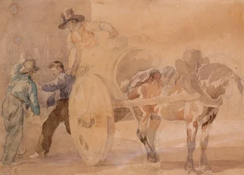 Três homens descarregando um carrinho (aquarela sobre traços de lápis sobre papel)