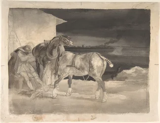 Dois cavalos de tração com um cocheiro a dormir