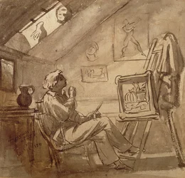 Jovem pintor em seu estúdio