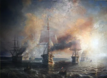 Francês:  La flotte française se rendant de Cherbourg à Brest, 1858 A frota francesa navegando de Cherbourg para Brest, 1858
