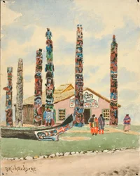Edifício do Alasca com Totens na Exposição de St. Louis, 1904.