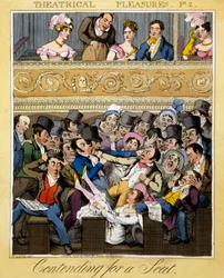 Contendendo por um Assento, placa 2 de &39;Prazeres Teatrais&39;, 1827 (gravura colorida à mão)