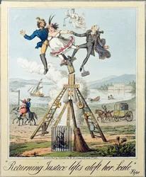 Retornando justiça elevadores Aloft sua escala, publicado por G. Humphrey, Londres, 1821 (gravura em papel)